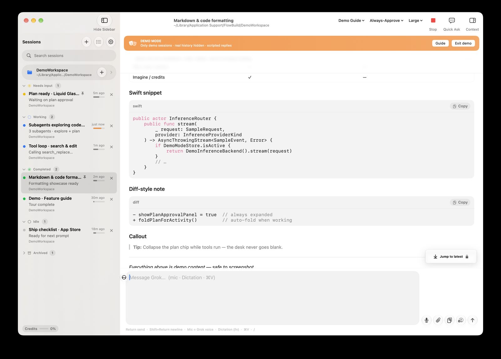 FlowBuild markdown session with Swift code and a diff