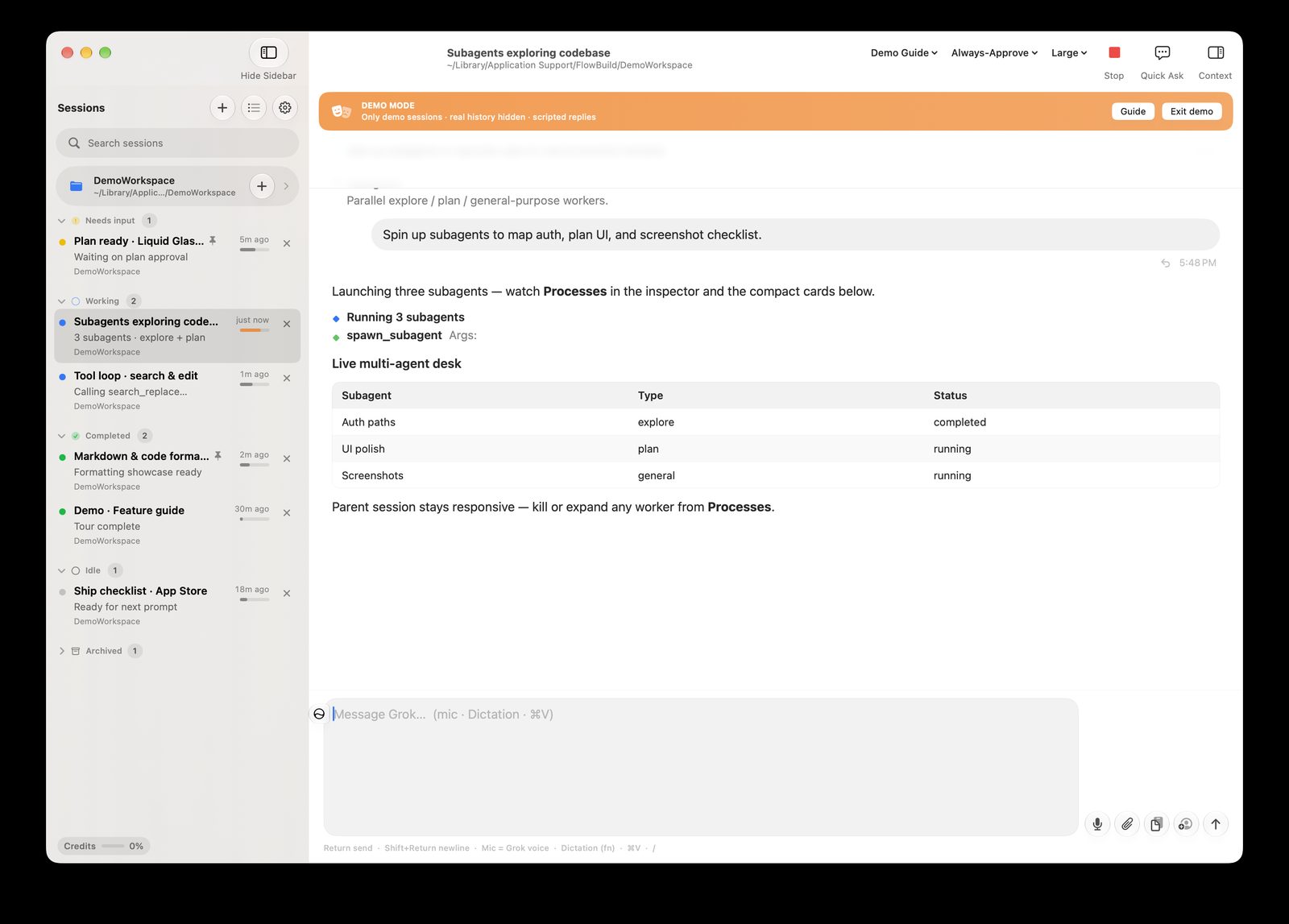 FlowBuild subagents exploring the codebase