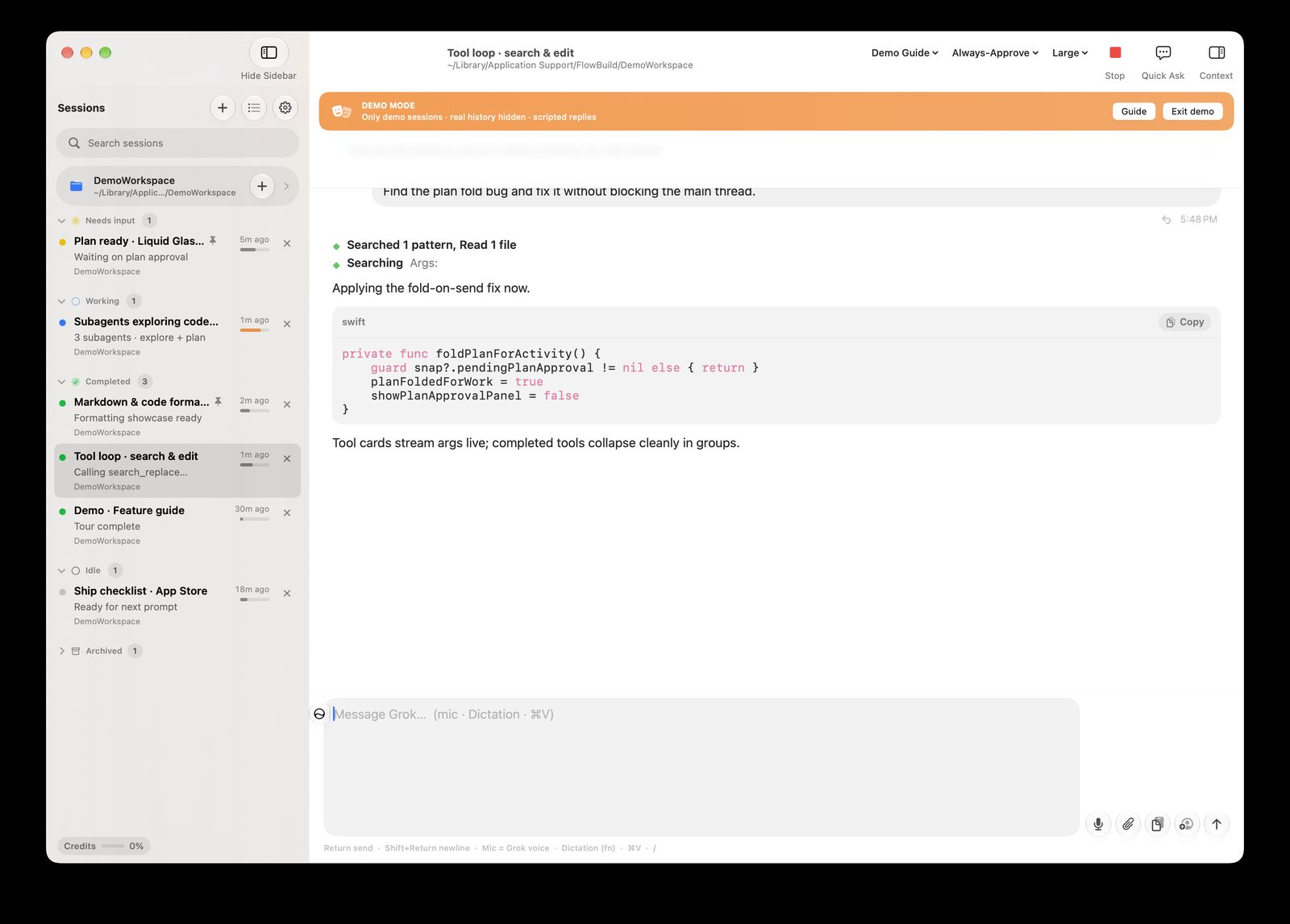 FlowBuild tool loop searching and editing files